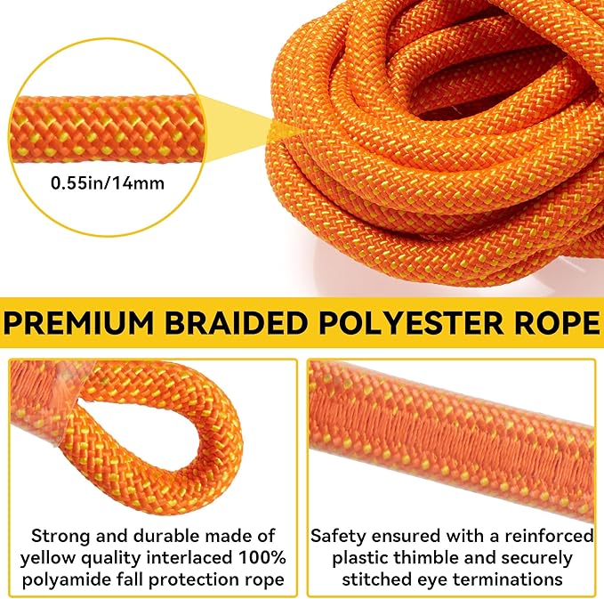 Fall Protection Safety Rope 100FT Roofing Harness Safety Lanyard Tree Climbing Line Kit with Alloy Steel Grab Snap Hooks Shock Absorber Heavy Duty Roof Safety Equipment ANSI CE
