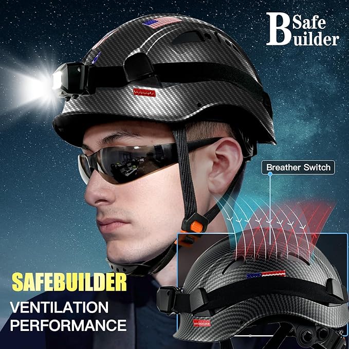 Construction Safety Helmet with Headlight Hard Hat Headlamp Adjustable Ventilation Hardhats Work Head Protection Certified ANSI/ISEA Z89.1