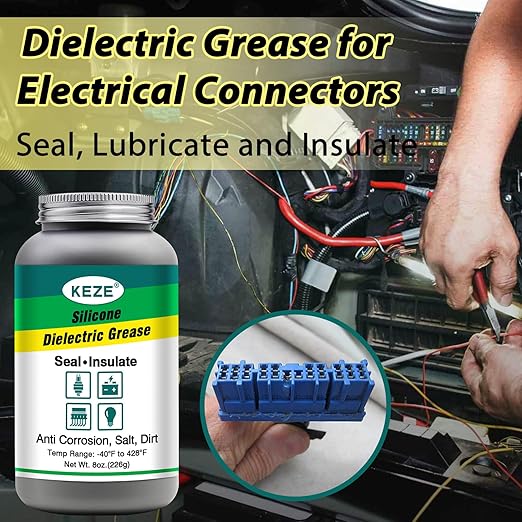 Keze Silicone Dielectric Grease Automotive Die Electric Grease Spark Plug Light Bulb Sockets Battery Terminal Electrical Contact Paste for Marine Against Salt, Dirt Corrosion Brush Top Can, 8 Oz