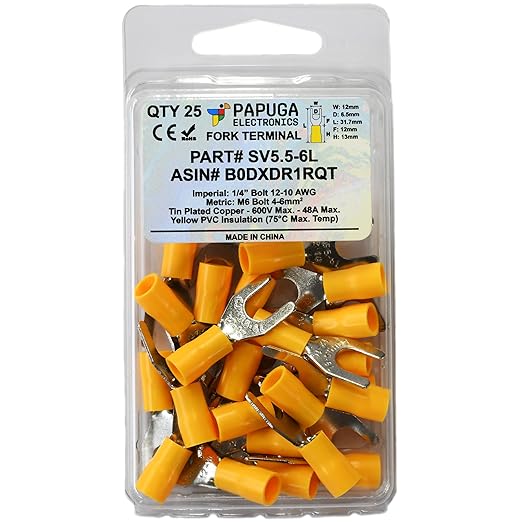 PAPUGA 25PCS 12-10 AWG (4-6 mm2) 1/4" / M6 Wide Version Insulated Fork Spade Crimp Connector, 600V 48A, CE RoHS Industrial Terminal High Current Connector, Control Panels