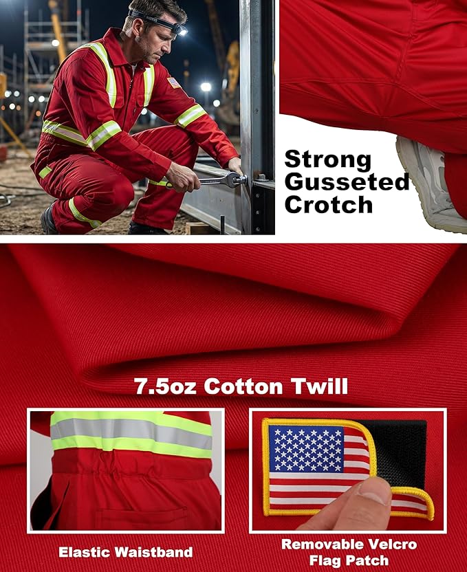 BOCOMAL FR Coveralls Men High Visibility 7.5oz Cotton Twill Flame Resistant Fire Retardant Work Coverall NFPA2112 HRC2