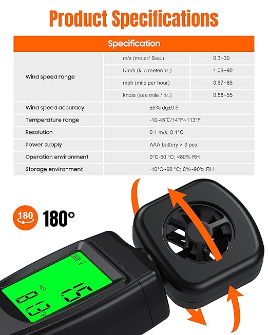 Anemometer, Wind Meter Handheld, CMF Meter to Measure Wind Speed and Temperature to Assist in Drone Flights, Outdoor Activities, Shooting Sports and HVAC Systems
