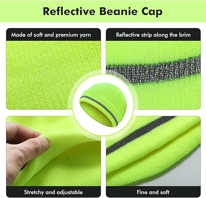 Reflective Knit Hat Safety Beanies Adult High Visibility Beanie Neon Winter Knit Caps with Reflective Stripe
