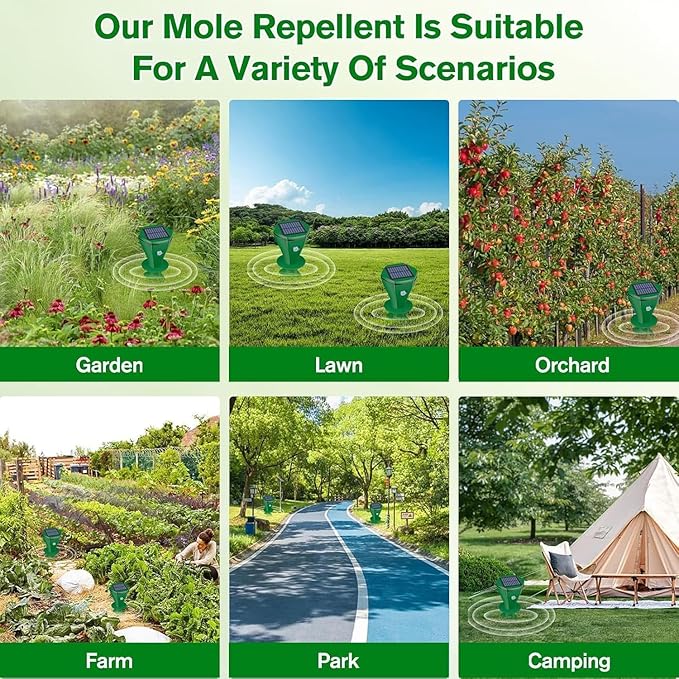 Mole Repellent Solar Powered,6 Pack Ultrasonic Gopher Repeller IP65 Waterproof for Lawn Garden Yard, Sonic Vole Repellent Mole Killer Outdoor Get Rid of Snake Groundhog Chipmunk Squirrels-Green