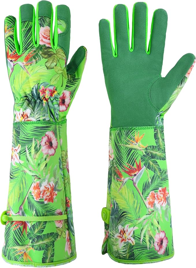 HANDLANDY Women Gardening Gloves, Scratch Resistant Breathable Ladies Rose Pruning Long Gauntlet Floral Print Garden Yard Gloves, Gift for Gardeners (Grass Green, XL)
