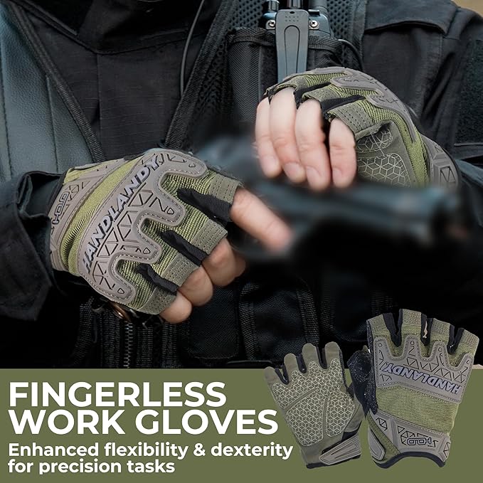 HANDLANDY Fingerless Work Gloves for Mens & Women, Uwrist Half Finger Shock-Absorbing Breathable Glove