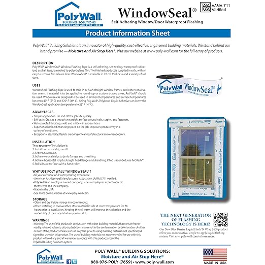 POLYGUARD WindowSeal Window and Door Flashing Tape, 12 in x 100 ft Roll, 20 mil Thick, Self-Sealing & Self-Adhering Waterproof Barrier, Pack of 3