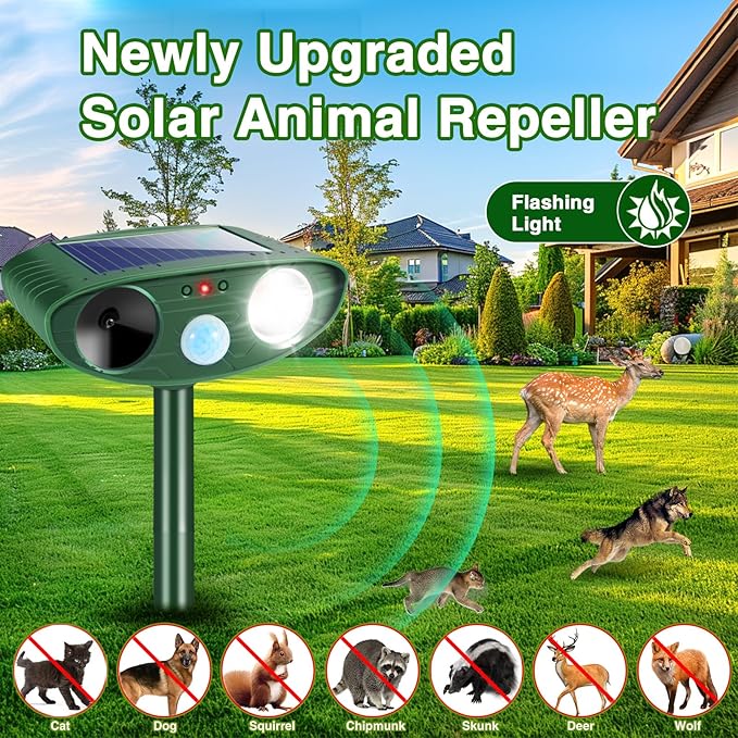 2Pack Solar Ultrasonic Animal Repellent Outdoor Rabbit Repellent Devices with Motion Detection&Flash Light Cat Repellent Keep Deer Raccoon Opossum Squirrel Away for Vegetable Garden Yard Lawn