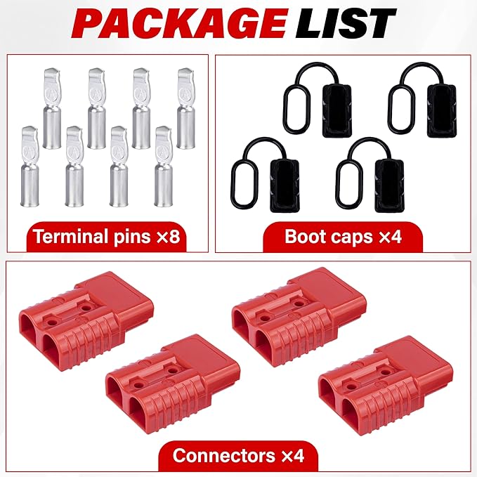 Anderson Connector 4 Pcs, 175 Amp 12v Batteries Quick Connect/Disconnect Plug Kit, Connectors for 1/0 AWG Cables, for Car Bike ATV Winches Lifts Motors More, Red