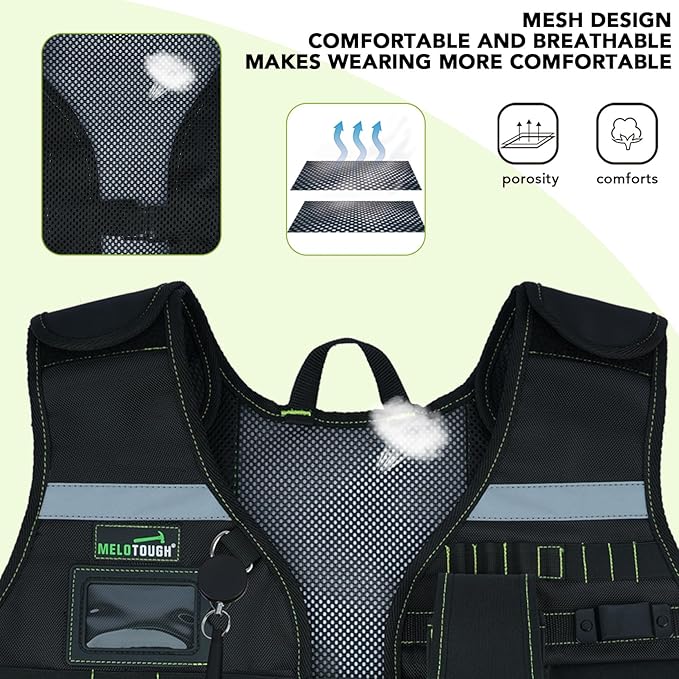 MELOTOUGH Tool Vest Safety Work Vest with Adjustable Straps,Removable Phone Holder for Electrician,Construction,Carpenters