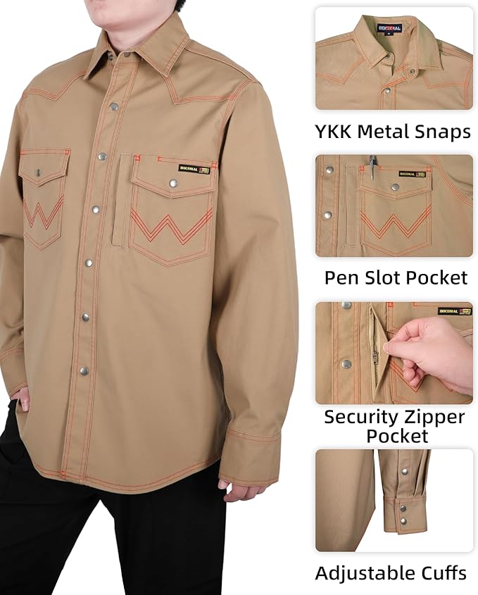 BOCOMAL FR Welding Shirts Heavyweight Stretch Canvas Snaps Down Reinforced Stitching Western Style Fire Resistant Jackets