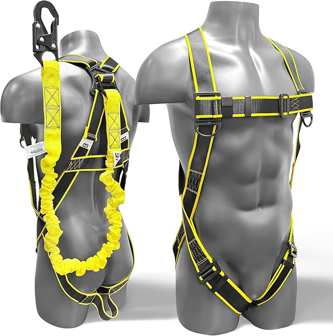 KJE Safety Harness Fall Protection Kit - Construction Roof Full Body Harness With 6FT Shock Absorbing Lanyard & Snap Hook, ANSI/OSHA