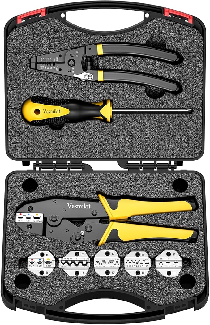 Crimping Tool Set 8PCS - Ratchet Wire Crimping Tool for Heat Shrink,Insulated Nylon,Non-Insulated,wire ferrules,Open Barrel Terminals,Solar Connectors - Crimper with 6 Interchangeable Die