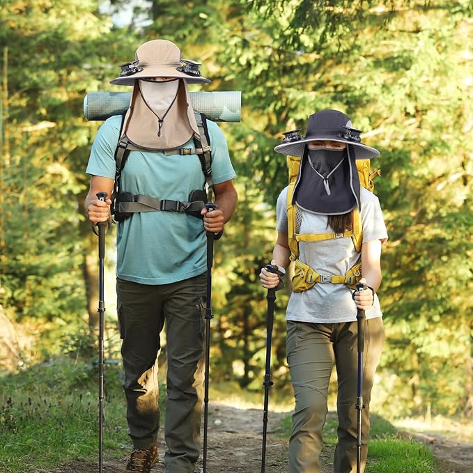2 Pcs Solar Fan Hats Wide Brim Fishing Hats with 2 Solar Fan and Removable Face Cover Cooling Buckets for Men Women