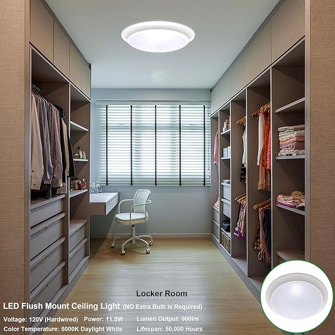 LIT-PaTH LED Flush Mount Ceiling Lighting Fixture, Dimmable 7 Inch 11.5W 900 Lumen, Aluminum Housing Plus PC Cover, Damp Location Rated for Bathroom, 5000K, 1-Pack