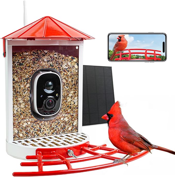 Smart Bird Feeder with Camera Solar, Auto Capture Bird Videos & Motion Detection, Birds Watching Camera Notify in Time, Metal Birds Feeder with Seed Guard, Ideal Present for Mom (Red)
