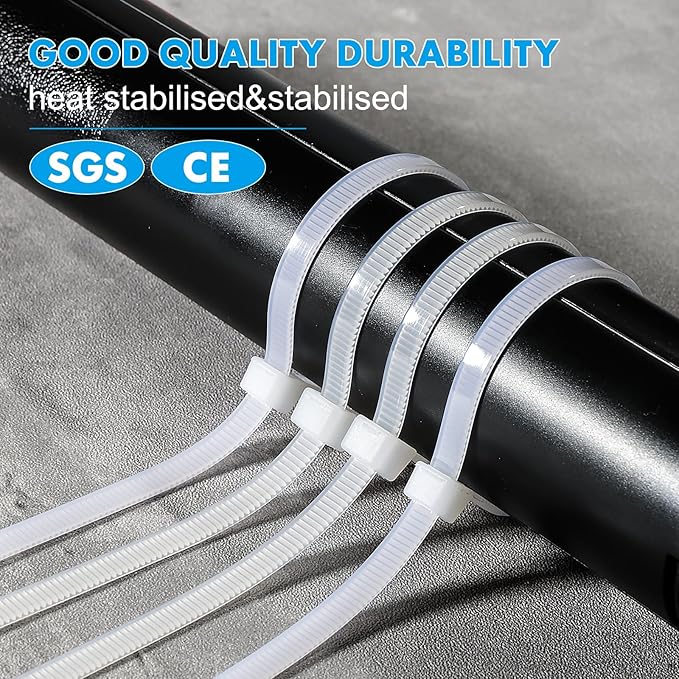 White Zip Ties 12 Inch 100 Pack Clear Tensile Strength 50 lbs UV Resistant Industrial Cable Ties Self Locking Zipties Wire Ties Wrap Indoor Outdoor Use for Fence Garage Camping