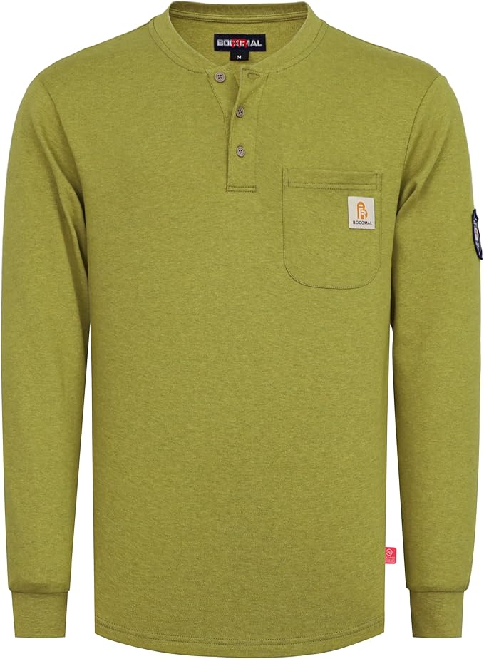 BOCOMAL FR Shirts Henley 7oz Midweight Fire Resistant Clothing NFPA2112 CAT2 Men's Flame Retardant Work Shirt