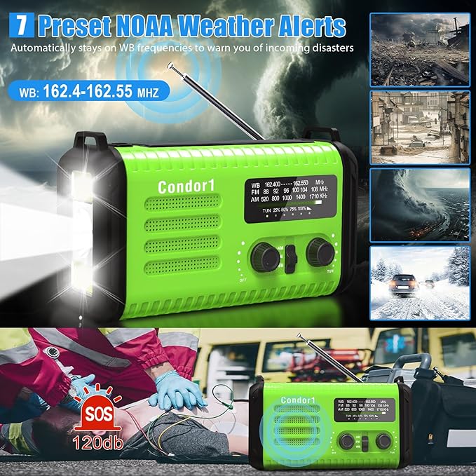 AM FM NOAA Portable Emergency Radio，USB-C/Solar/Hand Crank Charging, Strong Reception & Sound, Large Dial Easy to Use,Alert, Flashlight, Reading Lamp, Cell Phone Charger and SOS Siren