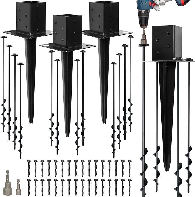 Set of 4 4x4 Fence Post Anchor Ground Spike 24” Length with Ground Anchors Screw in - Metal Black Powder Coated – Mailbox Post Anchors – Fit 3.5x3.5 Square