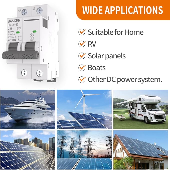 BASKER DC Circuit Breaker, 16 Amp 2 Poles 500V Solar Disconnect Switch for Solar PV System Solar Panels Grid System,Thermal Magnetic Trip,DIN Rail Mount, DC Breaker MCB (16A)