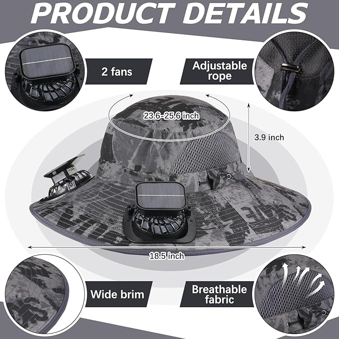 2 Pcs Solar Fan Hats Wide Brim Fishing Hats with 2 Solar Fan and Removable Face Cover Cooling Buckets for Men Women