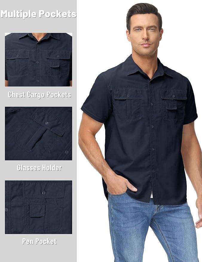 TACVASEN Men's Convertible Long Sleeve Fishing Shirts Lightweight Quick Dry Button Up Tactical Sun Shirts for Safari Hiking