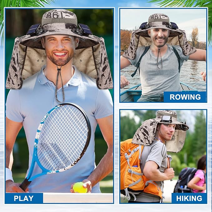 Chuarry Wide Brim Sun Hat with 2 Fan Outdoor Solar Powered USB Charging Fishing Hat with Neck Flap for Men Women