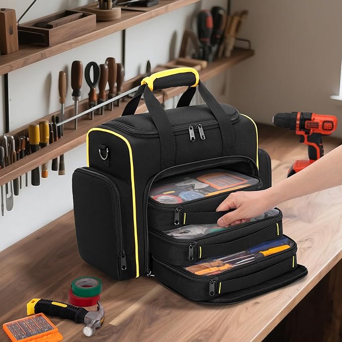 Tool Bag with 3 Removable Cases, 2 Layers Tool Tote for Hand Tools, Black with Yellow Binding