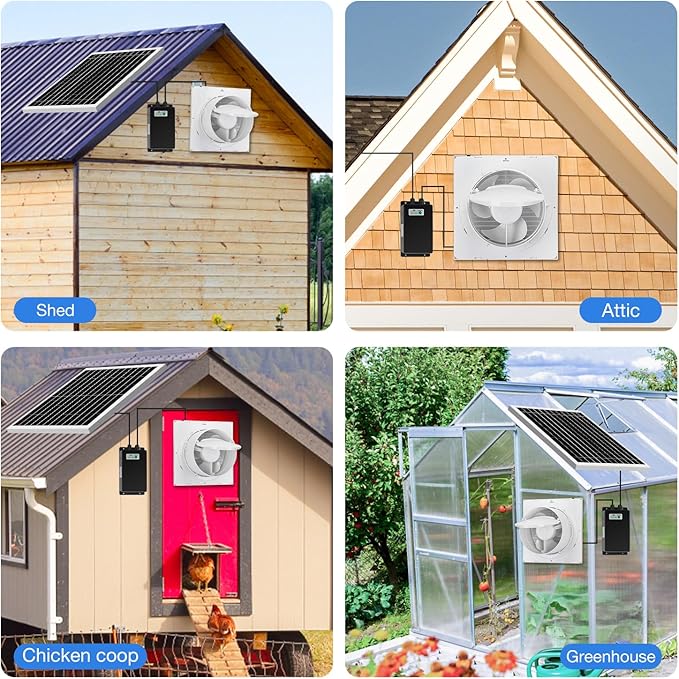 Solar Exhaust Fan, Solar Powered Vent Fan Kit for Outside Greenhouse Shed Chicken Coop (8" Fan with Battery)