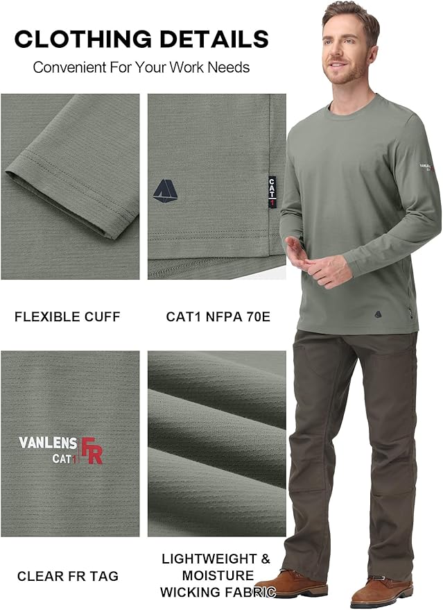 FR Shirts Flame Resistant Shirt 5.5OZ Modacrylic Permanently Flame-Retardant FR Baselayer for Men Light Weight CAT1