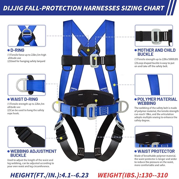 Safety Harness Fall Protection Kit Full Body Roofing Harnesses With Internal Shock Absorbing Lanyard, Blue Safety Harness For Construction OSHA/ANSI Compliant