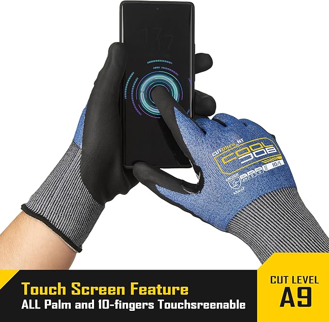 COOLJOB ANSI A9 Cut Resistant Gloves - 1/3 Pairs, Touchscreen Highest Knife Proof Level with Microfoam Nitrile Coated, Safety Work Gloves for Wood Carving, Glass Work, Construction, Blue XXL