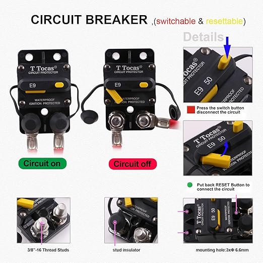 E9 3/8" Stud 60 Amp Circuit Breaker, Surface Mount, 12V - 72V DC 60A Waterproof IP67