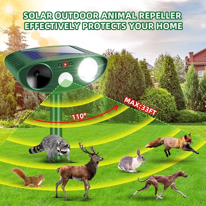 4 Pack Solar Ultrasonic Animal Repeller Outdoor Cat Deer Repellent Devices with Strobe Light,Animal Deterrent Devices for Squirrel Rabbit Raccoon Dog Skunk Repellent for Yard Garden Farm