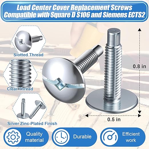9 Pack Electrical Panel Screws for Square D Load Center, Zinc Coated Breaker Box Cover Screws, 1/4-Inch Thread Size Compatible with Siemens & Murray, QO & Homeline Panels Screw (Silver)