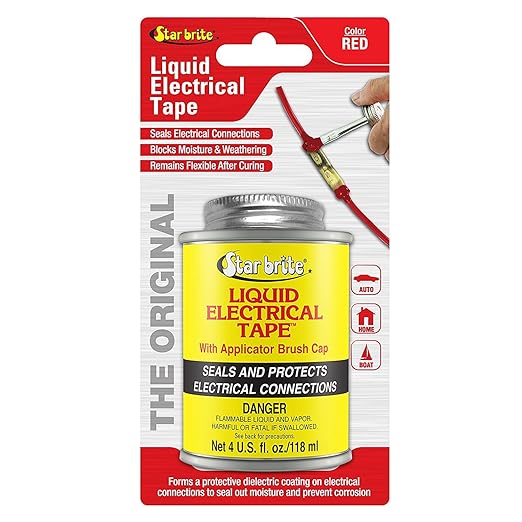 STAR BRITE Liquid Electrical Tape with Applicator Brush Cap - Superior Adhesion & Flexible Protection for Frayed Cables, Terminals & Electric Splices - Red 4 OZ. (084105B)