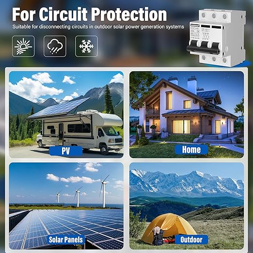 DC Solar Panels Disconnect Switch 25 Amp Solar Shut Off Switch 12V-400V 3 Poles AC Miniature Circuit Breaker for PV Homes, AC 110V DIN Rail MCB