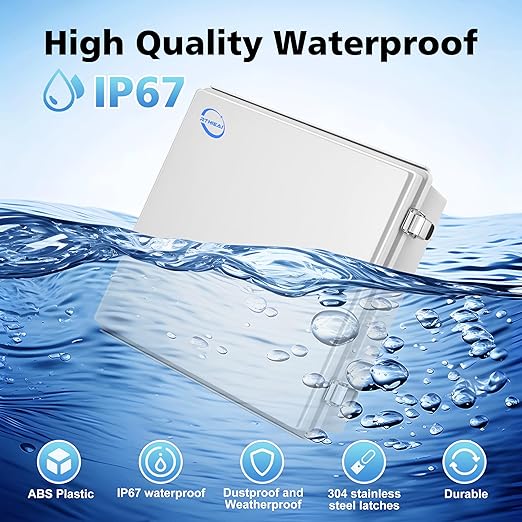 Waterproof Outdoor IP67 Junction Box (13"x13"x5.1") with Mounting Plate, Hinged Grey Cover and Wall Brackets - Weatherproof ABS Plastic Electrical Enclosure for DIY Projects (330x330x130mm)
