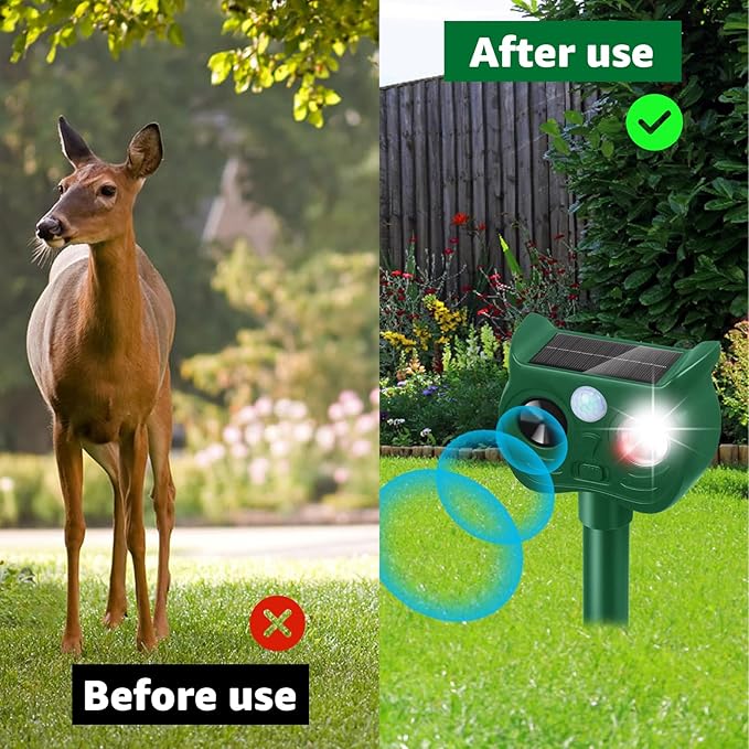 Solar Ultrasonic Animal Repellent Outdoor Motion Sensor Deer Repellent Devices Squirrel Cat Raccoon Rabbit Deterrent with Strobe Light Dual Mode, Keep Skunk Away Protection for Yard Garden Lawn 1PC