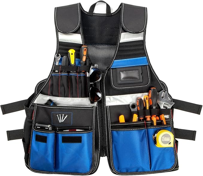 Electrician Tool Vest, Tool Vest for Men, Tool Vest Electrician with Drill Holster, 17 Storage Spaces, 1680D Heavy Duty Adjustable Work Vest with Reflective Strips, Blue