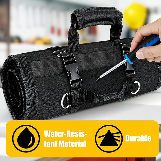 Tool Bag,Large Roll-Up Tool Bag Organizer with 28 Pocket Organizer, 34 Socket Slots, Heavy Duty Portable Tool Storage Carrier Bag for Men,Mechanic,Electrician & Hobbyist,Black
