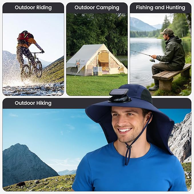Solar Fan Hat Wide Brim Hat with Fan Sunscreene Neck Flap 3-Speed Outdoor Sun Hat for Fishing,Hiking,USB Solar Charging