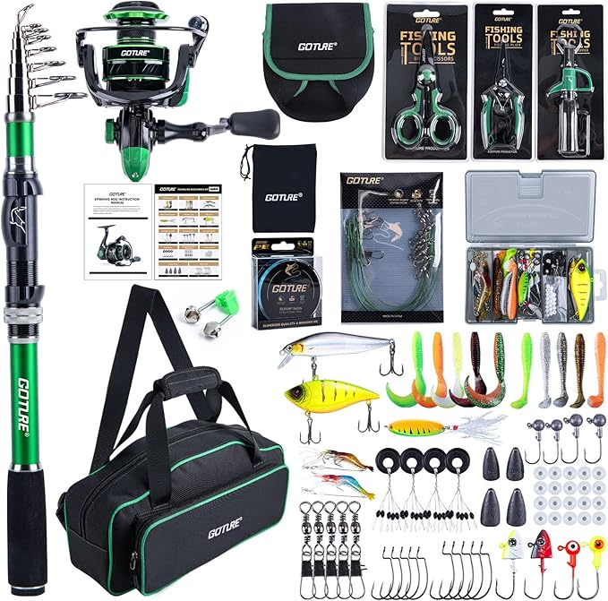 Goture Fishing Poles and Reels Combo - Green Telescoping Fishing Rod Portable Travel Kit with Carrier Bag for Freshwater Saltwater