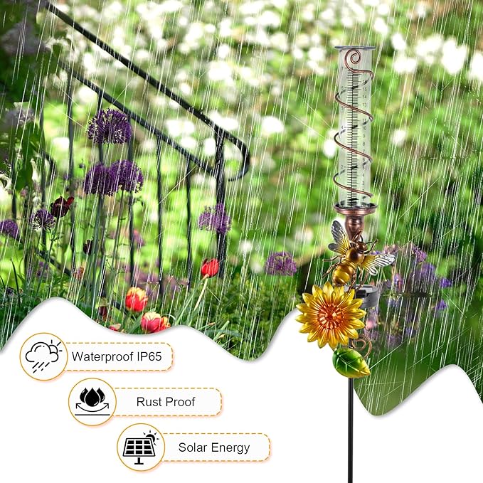 Rain Gauge Outdoor, Solar Rain Gauges for Yard, Freeze Proof Rain Gauge with 7" Plastic Tube, Bee Metal Decorative Garden Stake with Led Light, Yellow