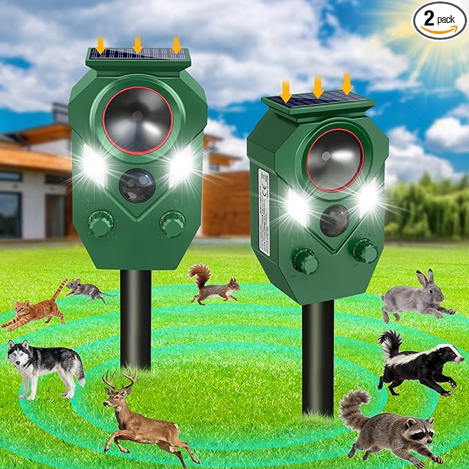 Ultrasonic Animal Repeller Outdoor - Cat Repellent & Deterrent with PIR Sensor & Flashing Light,Solar Powered Deer Repellent for Squirrels, Raccoons, Skunks,Rabbits,and Dogs, IP65 Waterproof （2 Pack）