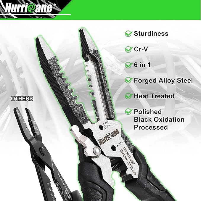 HURRICANE 6-in-1 Wire Stripper, Crimping Tool, Wire Cutter Stripping Tool, Multifunctional Electrical Pliers for Cable Stripper, Wire Crimper(8-18 AWG Solid, 10-20 AWG Stranded)