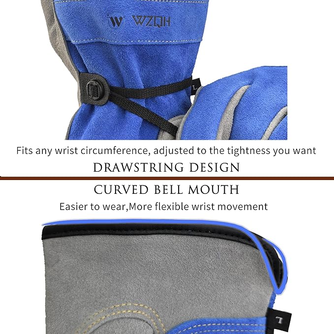 Leather Work Gloves for Men or Women. XX-Large Glove for Gardening, Tig/Mig Welding, Construction, Chainsaw, Farm, Ranch, etc. Cowhide, Cotton Lined, Utility, Firm Grip, Durable. Blue-Grey 2XL