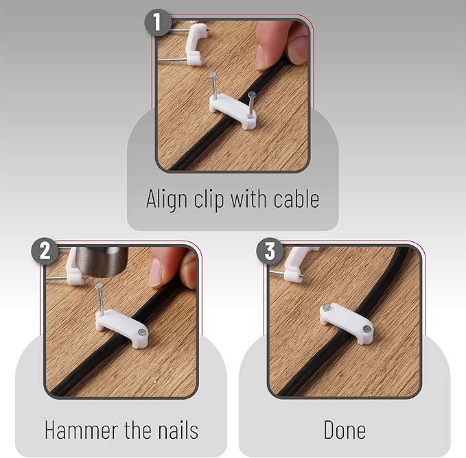 Bates- Cable Clips with Steel Nails, 200 pcs, White, Large, 2-Nail Cord Clips for Wires on Wall, Cable Wall Clip, Wire Wall Clips, Cable Wire Clips, Coaxial Cable Clips, Cord Wall Clip