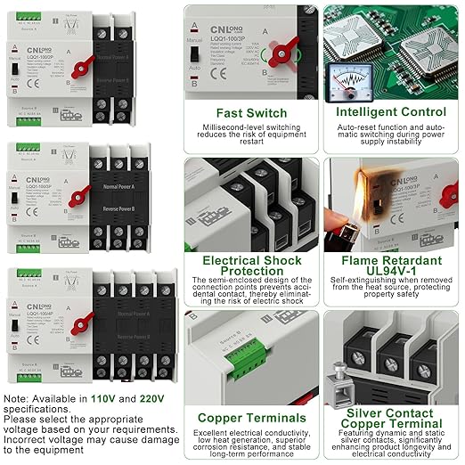AC110V 100Amp Automatic/Manual Transfer Switch 3P 50/60Hz, 3Poles Mini ATS Auto Dual Power Switch Automatic Changeover Fast Transfer for Home Generator, Soalr, Rv and Lv Power